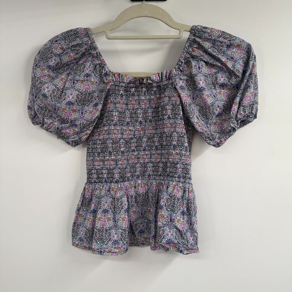 J.Crew Liberty London Fabric Smocked Peplum Top Sz XS Floral Puff Sleeve Cotton